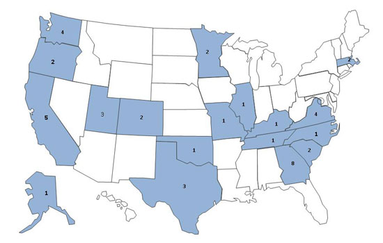 Final Case Count Map: Persons infected with the outbreak strain of Salmonella Chester, by state, as of August 27, 2010 (n=44)