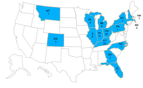 Persons infected with the outbreak strain of Salmonella Hartford, by state, as of August 1, 2010 (n=75)