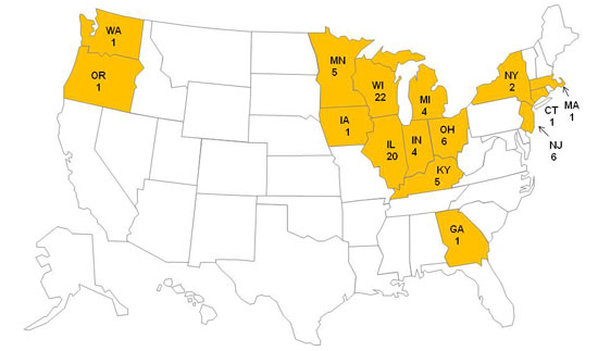 Final Case Count Maps: Persons infected with the outbreak strain of Salmonella Baildon, by state, as of August 1, 2010 (n=80)