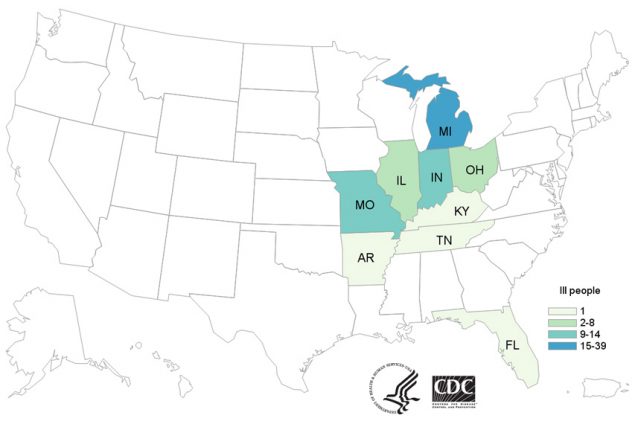 People infected with the outbreak strain of Salmonella, by state of residence, as of July 25, 2018