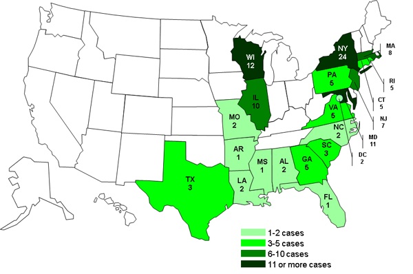 Case Count April 10, 2012: Persons infected with the outbreak strains of Salmonella Bareilly and Salmonella Nchanga, by State 7-6-2012