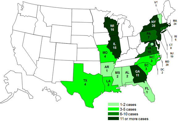 Case Count April 23, 2012: Persons infected with the outbreak strains of Salmonella Bareilly and Salmonella Nchanga, by State 7-6-2012