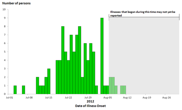 Epi Curve August 29, 2012: Persons infected with the outbreak strain of Salmonella Braenderup, by date of illness onset