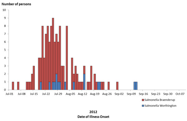 Final Epi Curve: Persons infected with the outbreak strain of Salmonella Braenderup, by date of illness onset