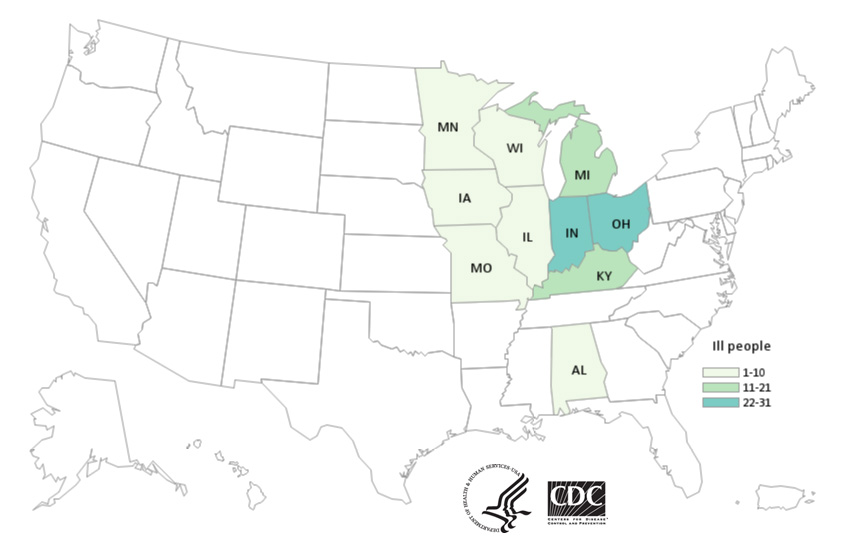 Map of United States - People infected with the outbreak strain of Salmonella, by state of residence, as of April 24, 2019