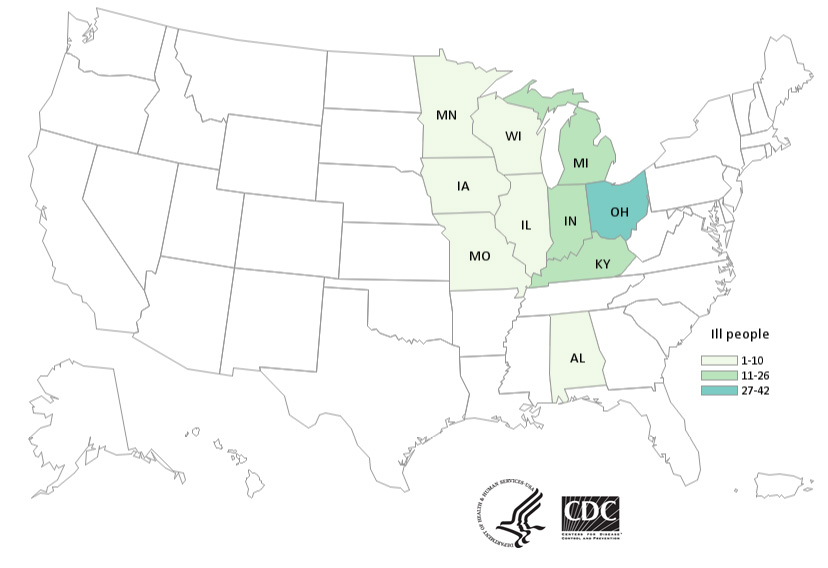 Map of United States - People infected with the outbreak strain of Salmonella, by state of residence, as of May 22, 2019