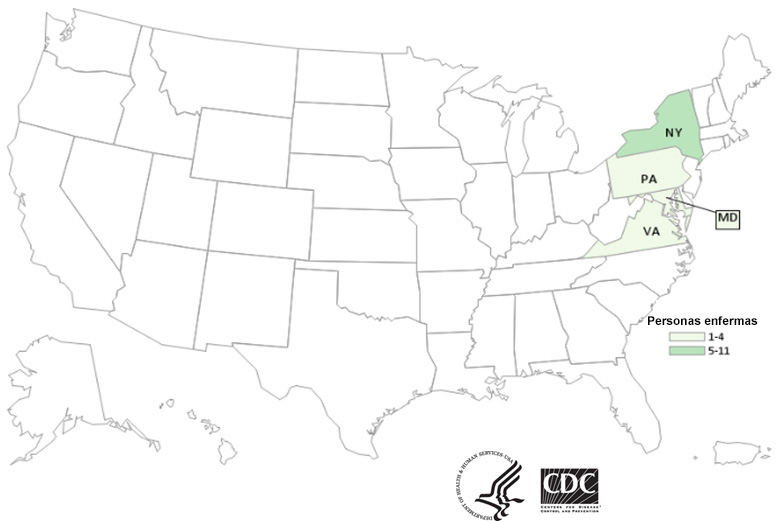 Personas infectadas por la cepa del brote de Salmonella Reading, por estado de residencia, hasta el 27 de augusto del 2018