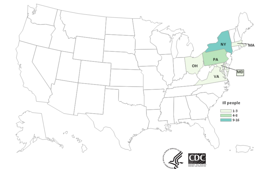 Map of United States - People infected with the outbreak strain of Salmonella, by state of residence, as of December 4, 2018