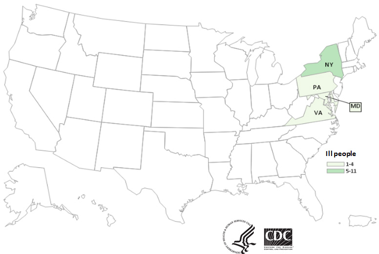 Map of United States - People infected with the outbreak strain of Salmonella, by state of residence, as of August 27, 2018