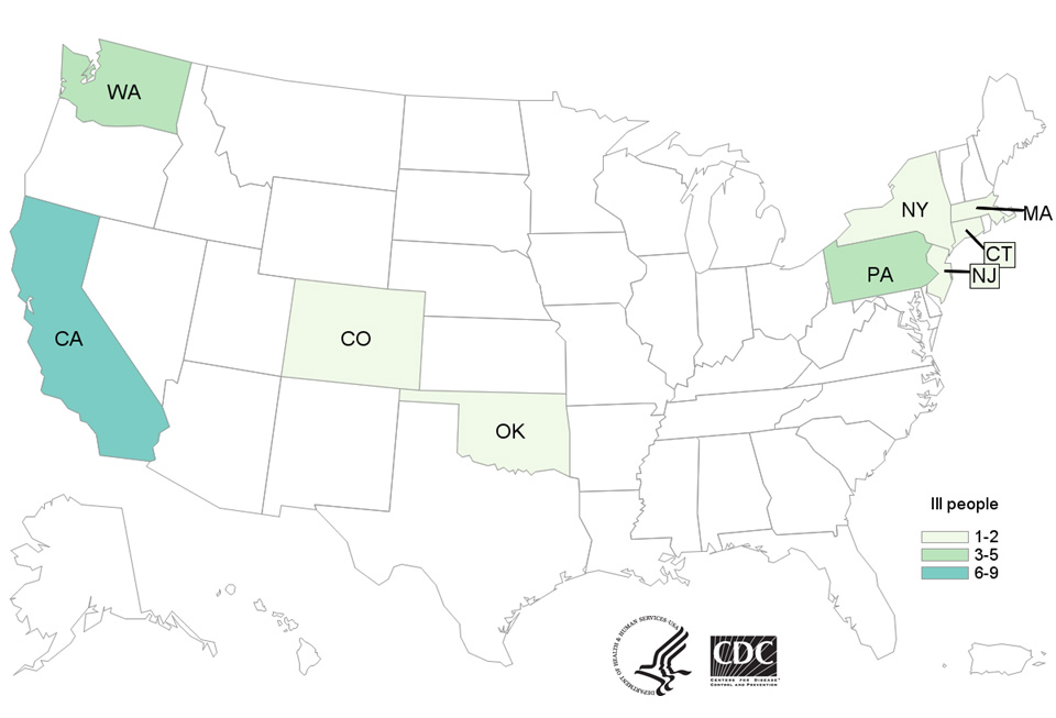 People infected with the outbreak strains of Salmonella I,4,[5],12:b:- or Salmonella Newport, by state of residence, as of January 12, 2018