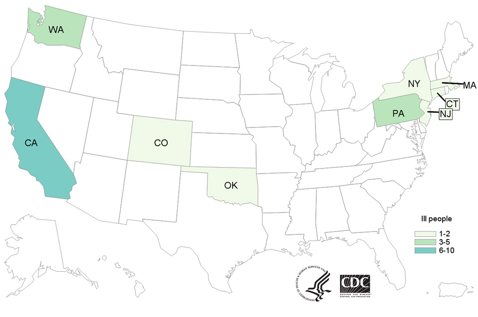 People infected with the outbreak strains of Salmonella I,4,[5],12:b:- or Salmonella Newport, by state of residence, as of February 12, 2018