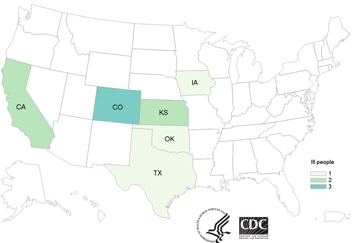 Map of United States - People infected with the outbreak strains of Salmonella by state of residence, as of November 1, 2019