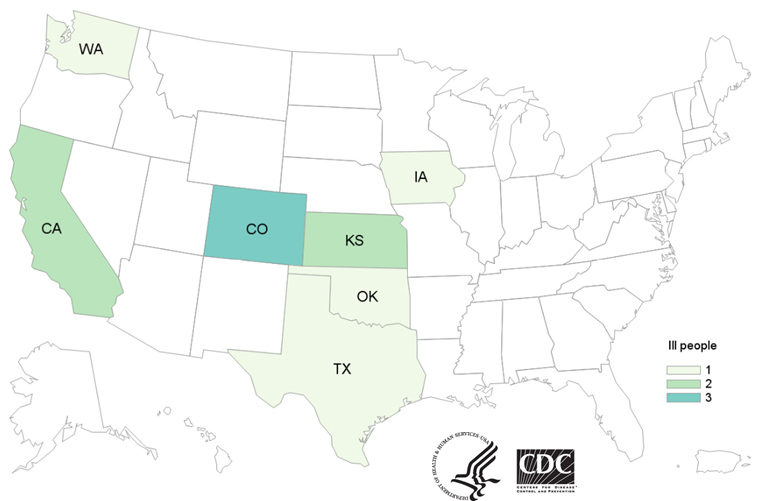 Map of United States - People infected with the outbreak strains of Salmonella by state of residence, as of November 18, 2019