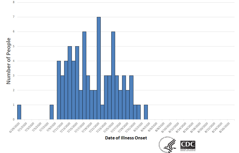 Epi curve of people infected with the outbreak strain of Salmonella, by date of illness onset, as of August 27, 2020