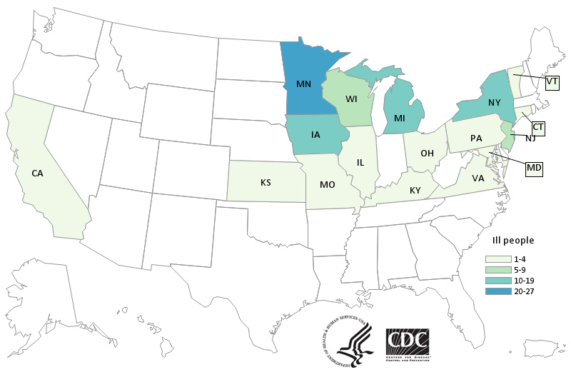 Map of United States - People infected with the outbreak strain of Salmonella, by state of residence, as of October 14, 2020