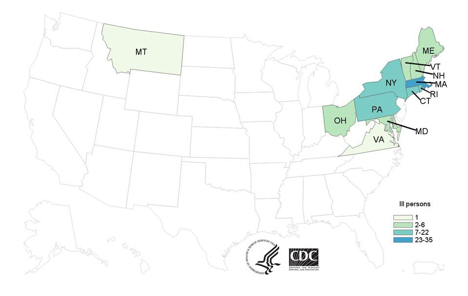 Map of persons infected with the outbreak strains of Samonella Enteritidis, by state of residence, as of December 15, 2014 (n-111)