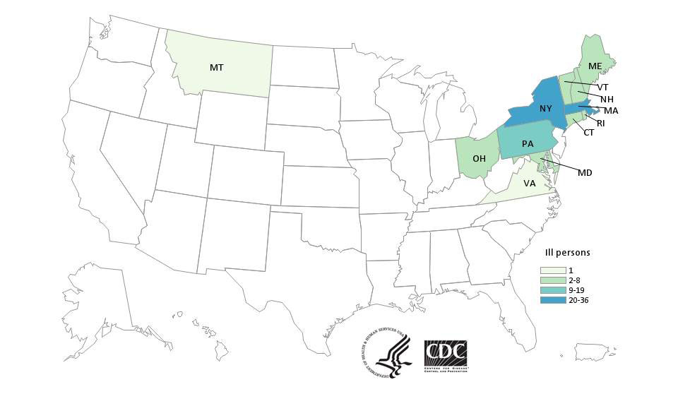 Map of persons infected with the outbreak strains of Samonella Enteritidis, by state of residence, as of January 23, 2015 (n-115)