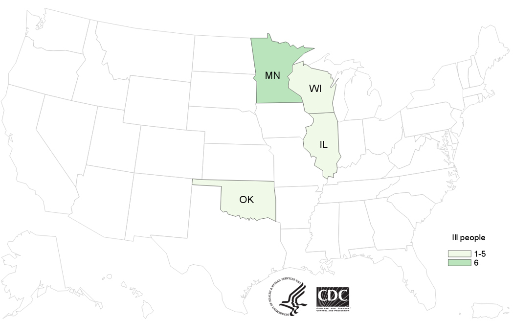 People infected with the outbreak strain of Salmonella Enteritidis, by state of residence, as of July 29, 2015 (n=9)