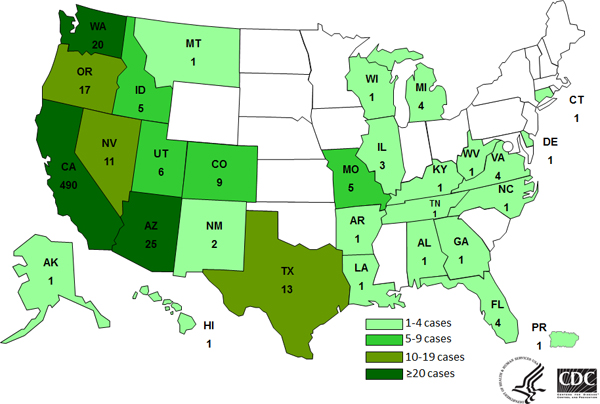 7-31-2014 Case Count Map: Persons infected with the outbreak strain of Salmonella Heidelberg, by State