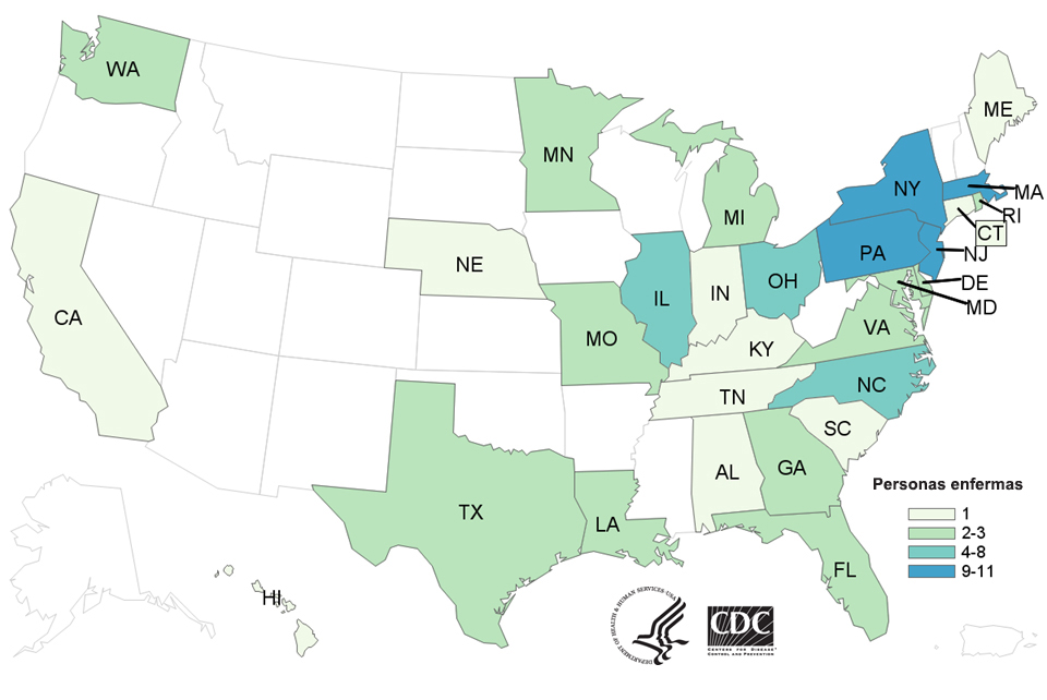 Personas infectadas por la cepa del brote de Salmonella Reading, por estado de residencia, hasta el 15 de octubre del 2018