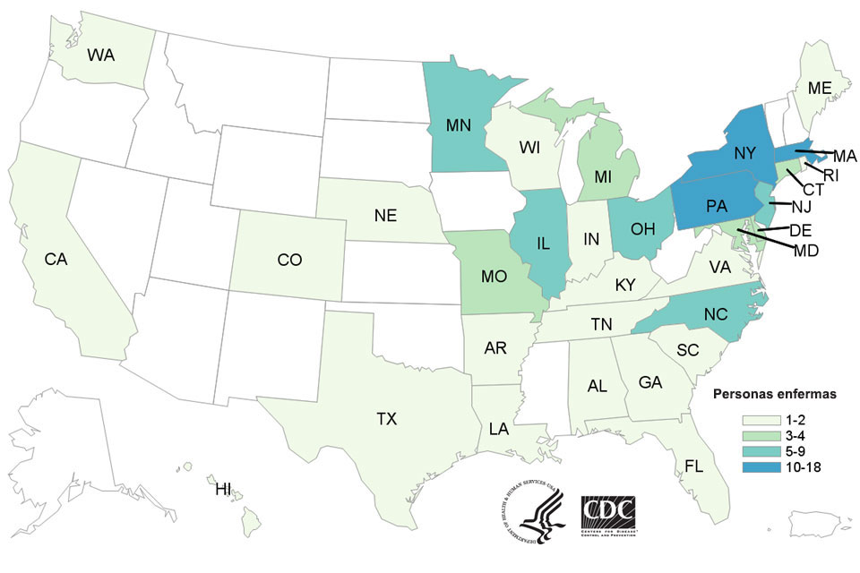 Personas infectadas por la cepa del brote de Salmonella Reading, por estado de residencia, 2-19-19