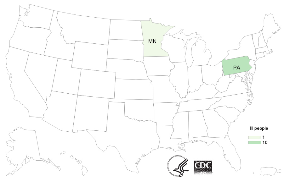 Map of United States - People infected with the outbreak strains of Salmonella by state of residence, as of December 10, 2019