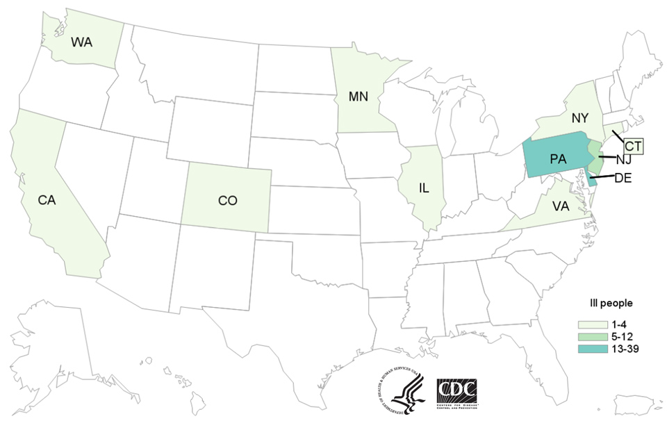 Map of United States - People infected with the outbreak strains of Salmonella by state of residence, as of December 30, 2019