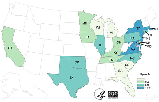 People infected with the outbreak strains of Salmonella, by state of residence