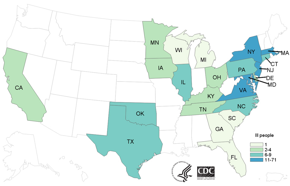 People infected with the outbreak strains of Salmonella, by state of residence, as of October 30, 2017