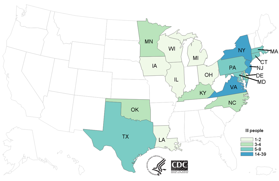 People infected with the outbreak strain of Salmonella Kiambu or Salmonella Thompson, by state of residence, as of August 9, 2017