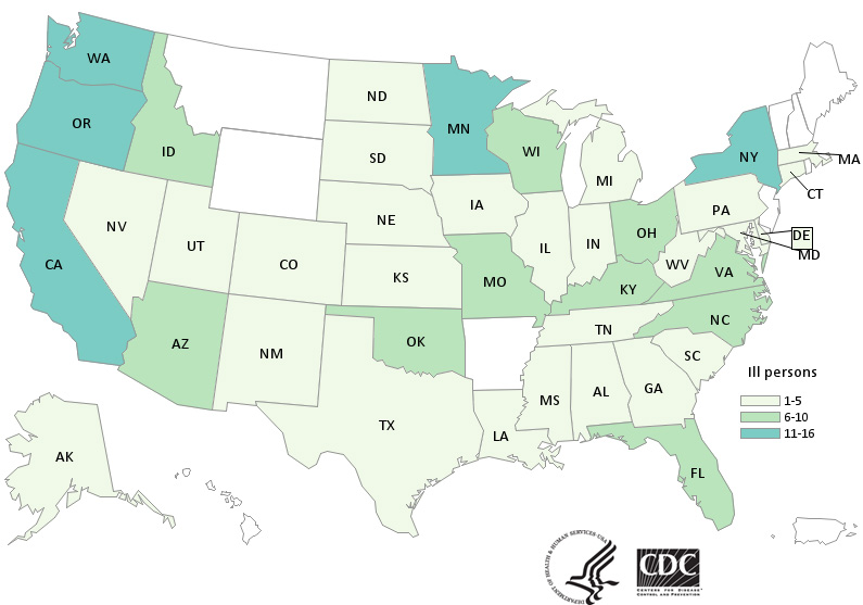 People infected with the outbreak strains of Salmonella, by state of residence, as of May 23, 2018