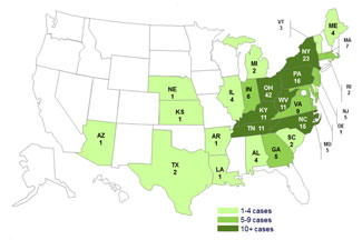 Final Case Count Map: Persons infected with the outbreak strains of Salmonella Infantis, Newport, and Lille, by State