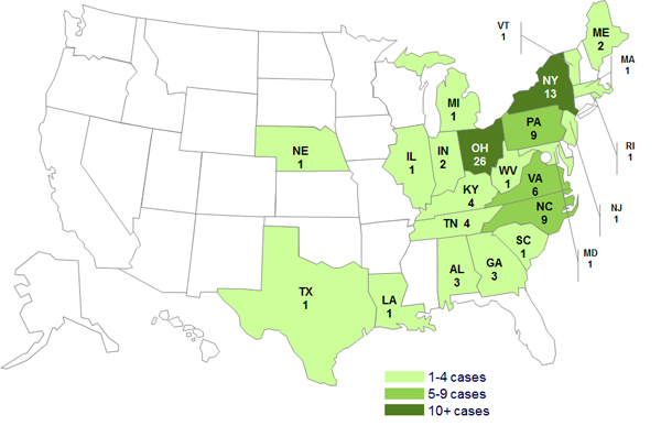 Case Count Map: May 25, 2012: Persons infected with the outbreak strains of Salmonella Infantis, Newport, and Lille, by State