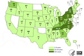 map of: Persons infected with the outbreak strains of Salmonella Infantis, Newport, or Hadar, by state