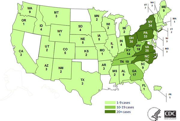 Persons infected with the outbreak strains of Salmonella Infantis, Newport, or Hadar, by state, N=344