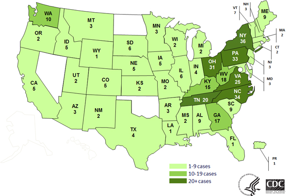 Persons infected with the outbreak strains of Salmonella Infantis, Newport, or Hadar, by state