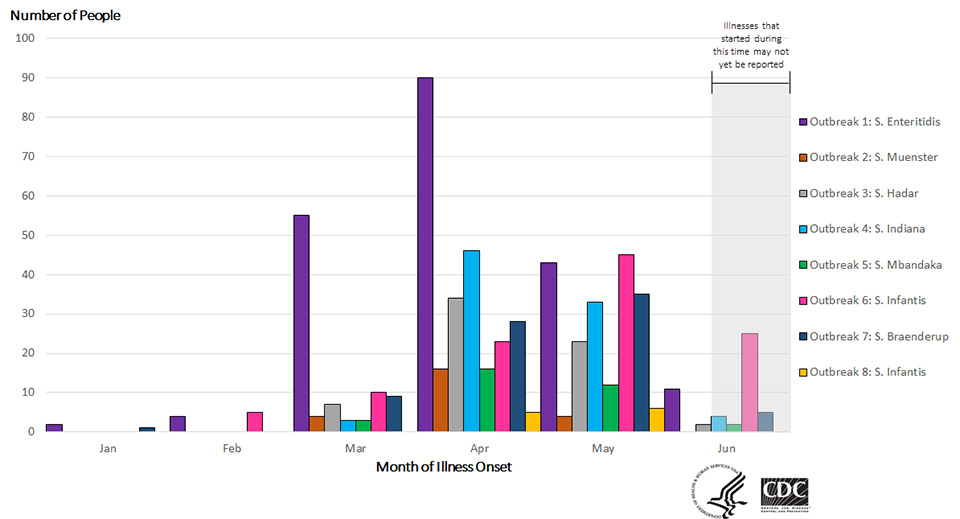 People infected with the outbreak strains of Salmonella, by date of illness onset (n=611)