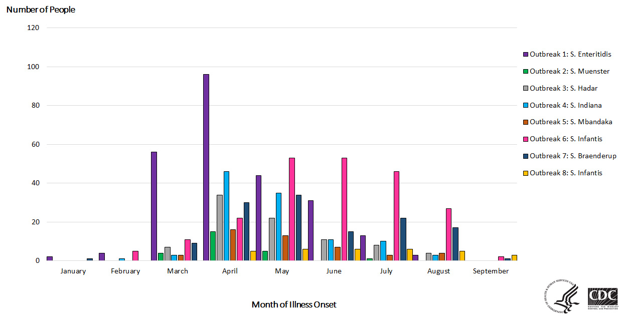 People infected with the outbreak strains of Salmonella, by date of illness onset (n=895)