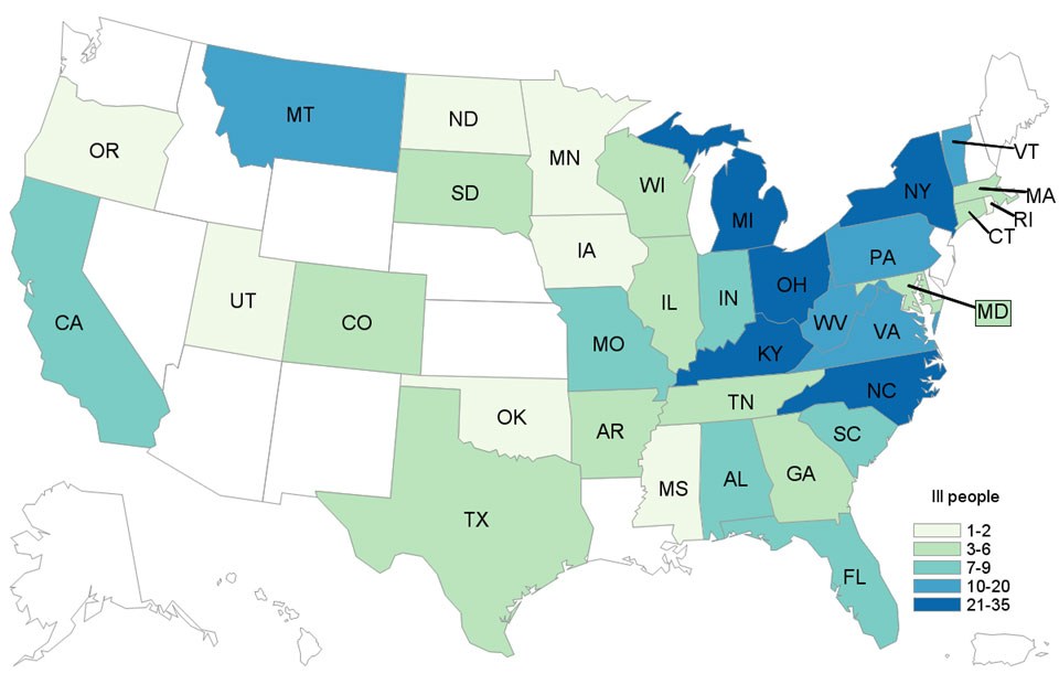 case count map: People infected with the outbreak strains of Salmonella, by state of residence, as of May 26, 2016