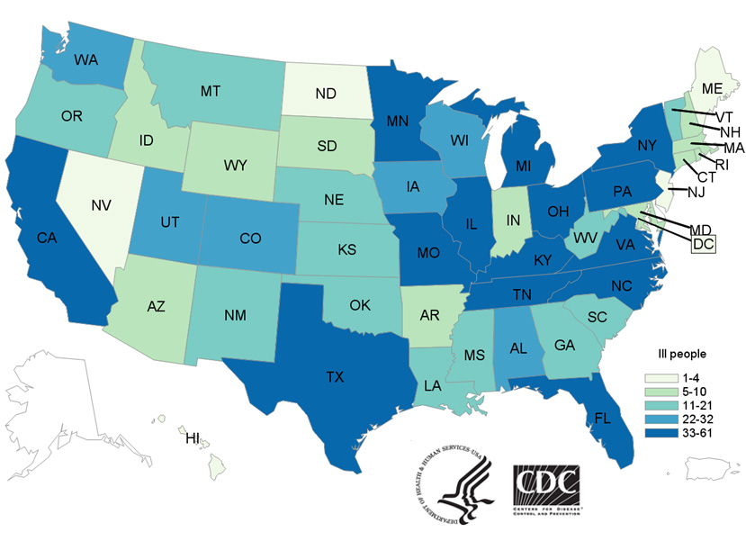 People infected with the outbreak strains of Salmonella, by state of residence, as of October 5, 2017 (n=1120)