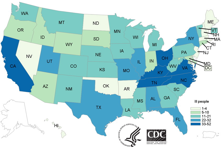 People infected with the outbreak strains of Salmonella, by state of residence, as of July 7, 2017 (n=790)