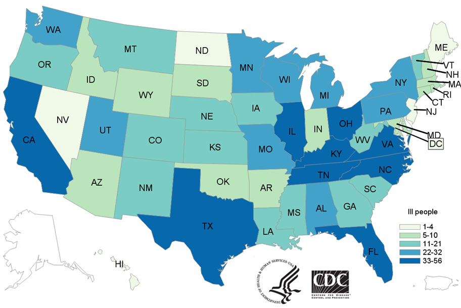 People infected with the outbreak strains of Salmonella, by state of residence, as of August 11, 2017 (n=961)