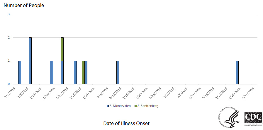 Epi Curve: People infected with the outbreak strains of Salmonella Montevideo and Salmonella Senftenberg, by date of illness onset* as of March 7, 2016