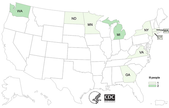 People infected with the outbreak strains of Salmonella Montevideo and Salmonella Senftenberg, by state of residence