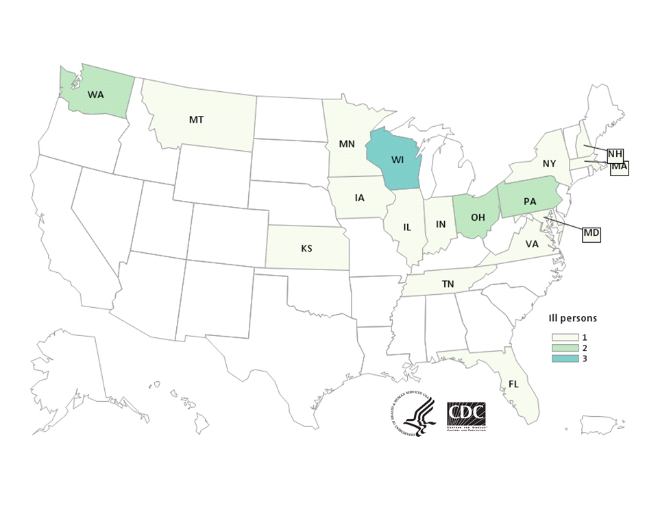 People infected with the outbreak strain of Salmonella Muenchen, by date of illness onset*, as of June 16, 2015 (n=22)