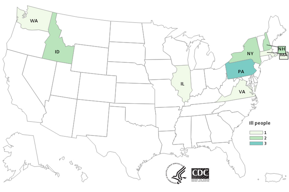 Map of United States - People infected with the outbreak strain of Salmonella, by state of residence, as of September 25, 2020