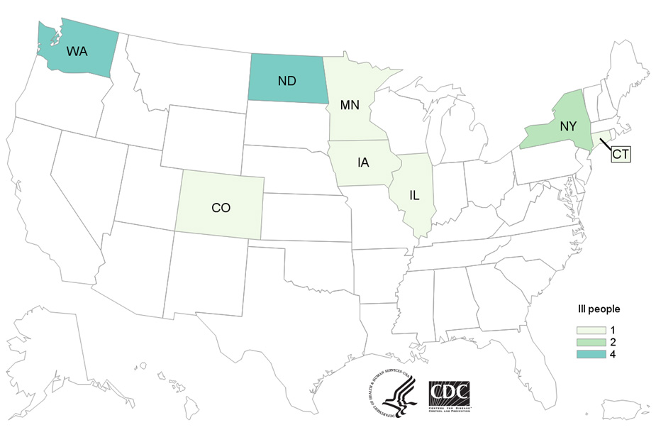 Map of United States - People infected with the outbreak strain of Salmonella, by state of residence, as of May 20, 2019