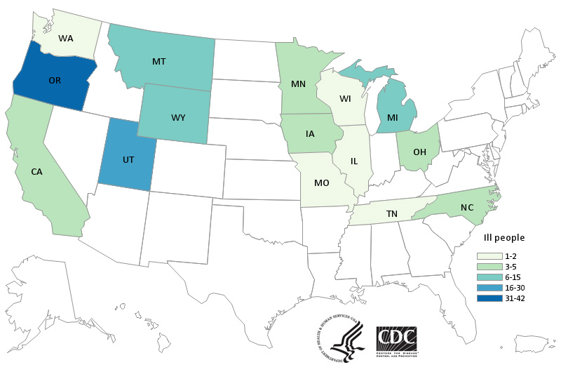 Map of United States - People infected with the outbreak strain of Salmonella, by state of residence, as of July 20, 2020