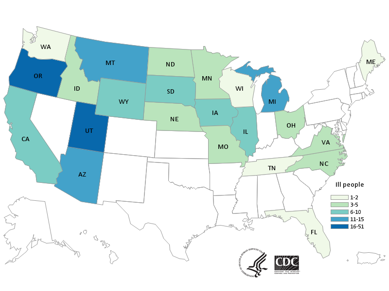 Map for persons infected with the outbreak strain of Salmonella