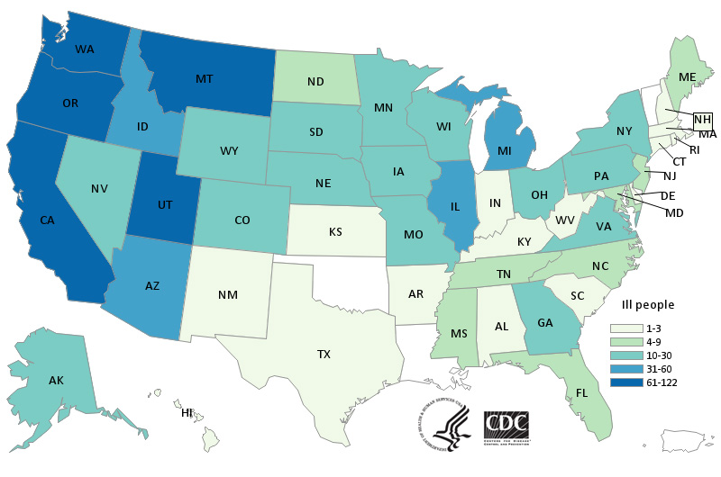 Graphic of the U.S. map with persons infected by state of residence as of August 31, 2020.